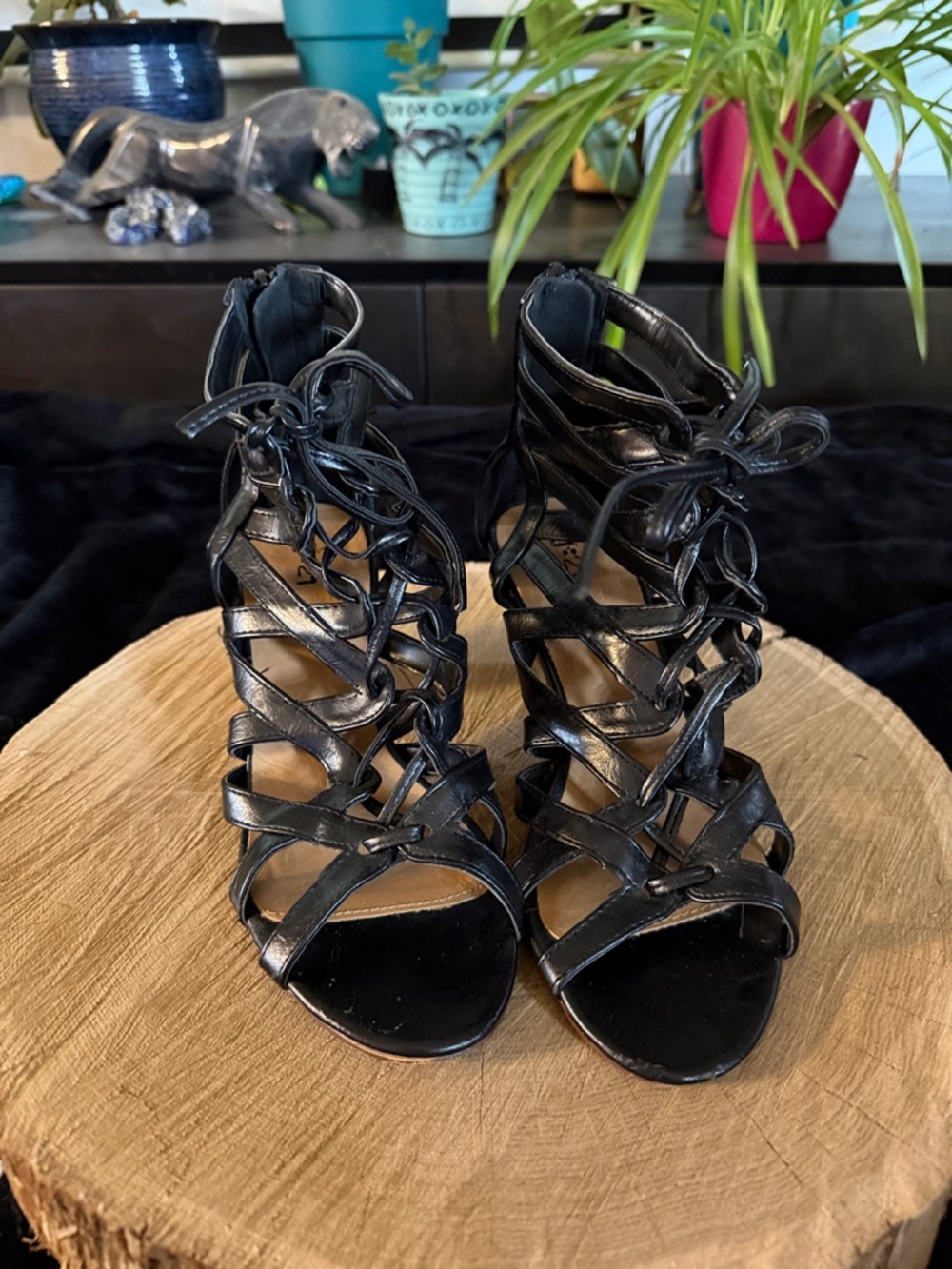 Strappy Lace-Up Black Heeled Sandals